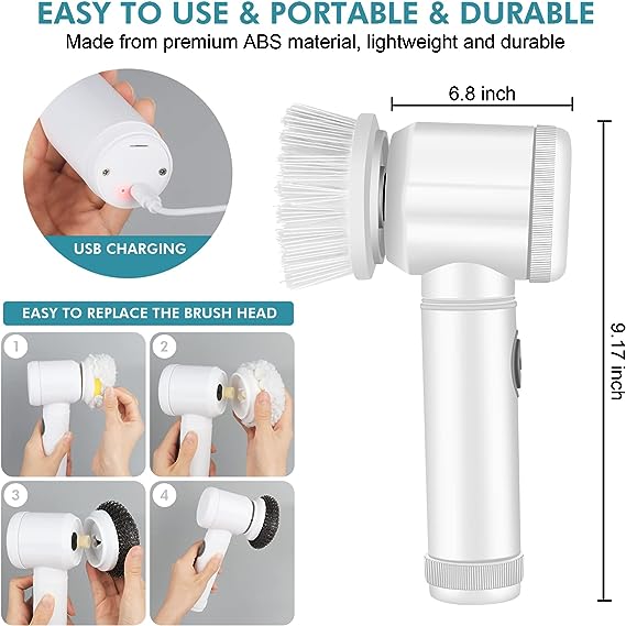Electric Cleaning Brush with 5 Replaceable Brush Heads