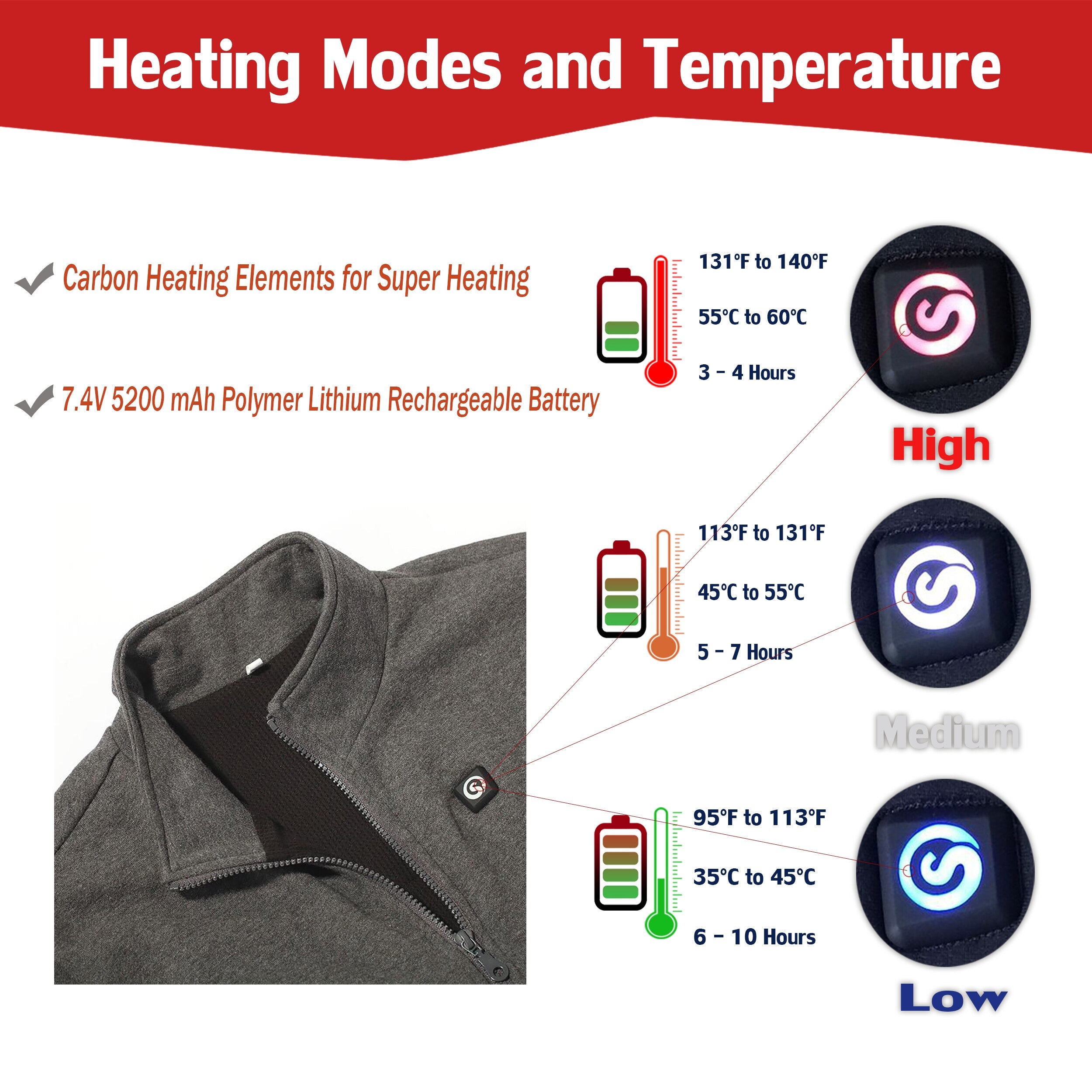 <transcy>Elektrische batteriebeheizte Herrenjacke Kleidung 7,4 V 5200 mAh 3 Stufen Temperaturregelung für Winter Warm</transcy>