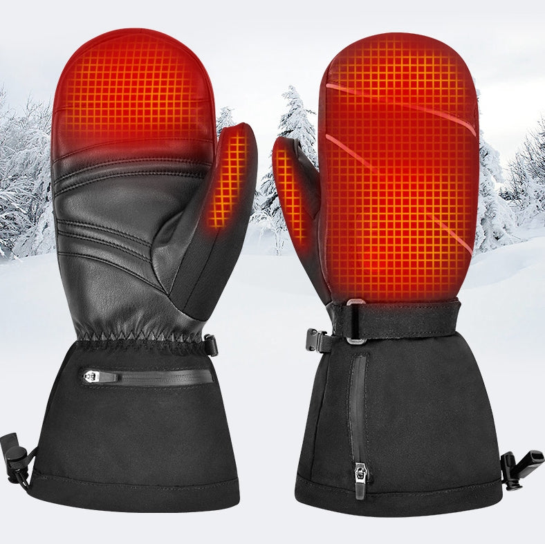 Day Wolf Heated Ski Mittens with Leather Palm and Storage Pocket